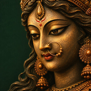 Detailed golden goddess durga face with traditional nose ring and jewelry celebrating durga puja mahalaya devotion and festive spiritual heritage celebration artwork