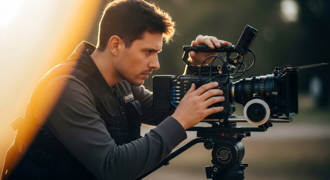 Man cameraman films cinematic footage with professional camera on tripod. Videographer at work outdoors for film production.
