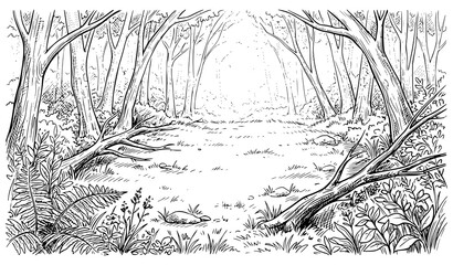 Obraz premium Hand Drawn Sketch of Forest Path with Trees and Ferns, Black and White Vector Illustration of Woodland Nature Landscape Scene