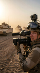 Obraz premium Woman journalist filming military armored tanks in desert. War reporter covering conflict. Battlefield journalism, news, documentary concept.