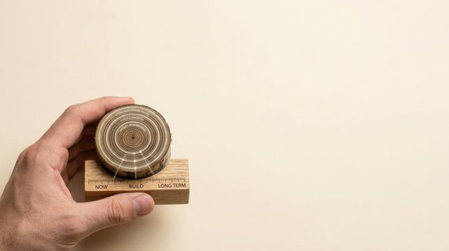Long-term business strategy demonstrated by a person holding a wooden stamp to understand future value development cycles