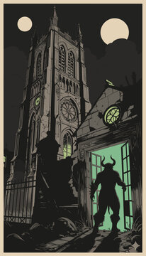 Haunted Gothic Cathedral with Demon Silhouette at Night