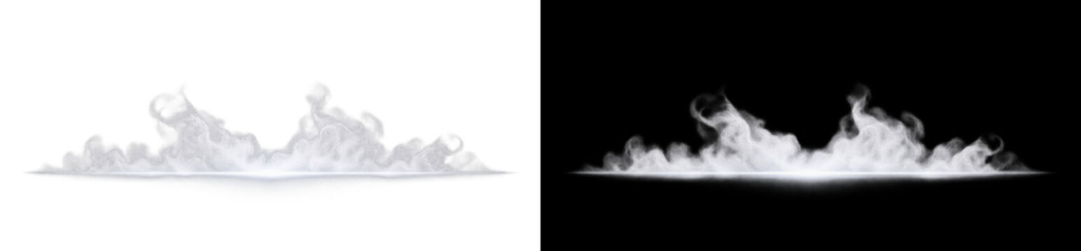 Low-lying horizontal white vapor smoke puff on transparent background, undulating cloud mist bank with soft rolling gaseous edges. Spooky graveyard fog atmosphere creates clean steam overlay.