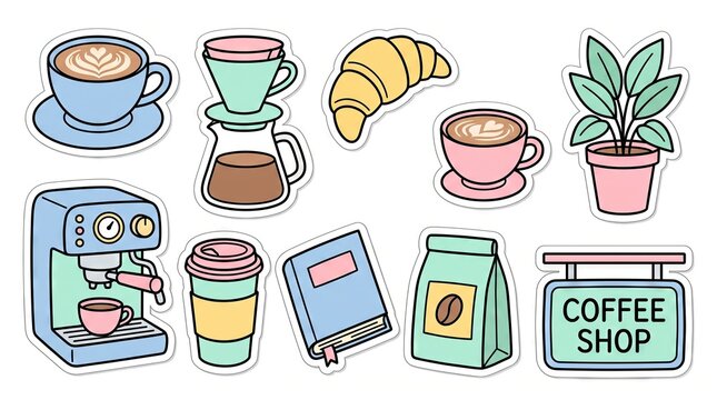 Cozy coffee shop and cafe elements sticker sheet, flat vector doodle style