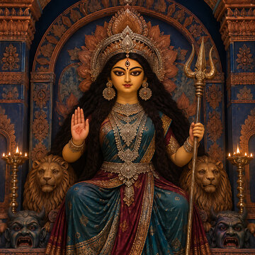 Majestic goddess durga seated with trident and lions in ornate temple setting for mahalaya and durga puja traditional devotional celebration artwork design