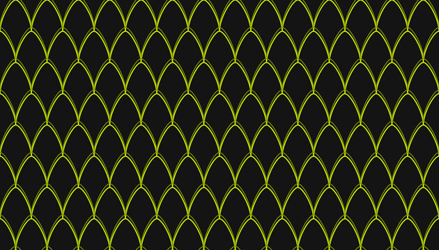 Seamless geometric pattern featuring overlapping yellow curved lines on a dark black background for modern design projects