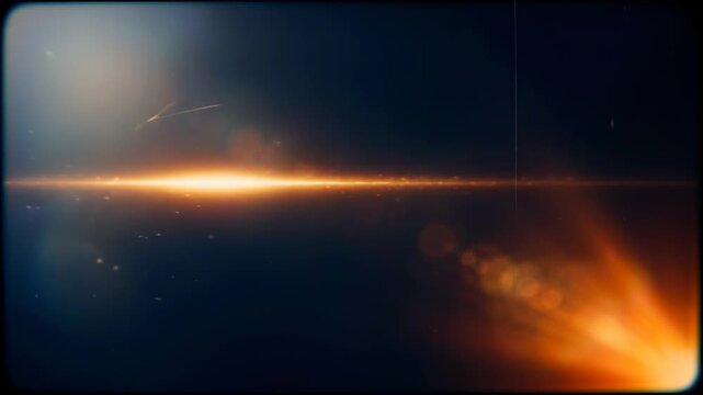 Film grain light streak with dark navy background with orange corner burst, cinematic visual effect for vintage cinematic nostalgia