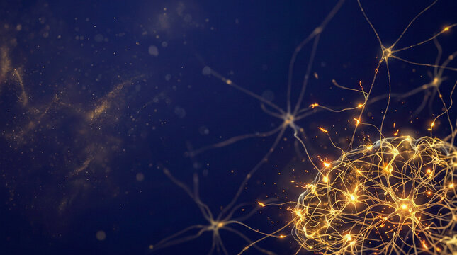 Glowing golden neural network and brain synapse connections, artificial intelligence deep learning concept