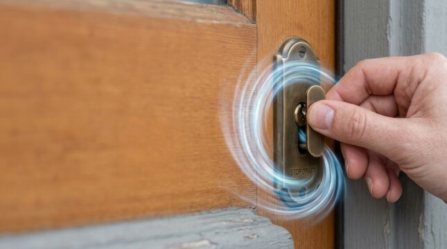 Person demonstrating home draft reduction by using a keyhole cover on a traditional exterior door lock plate