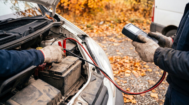 Seasonal Car Care, technician testing vehicle battery outdoors