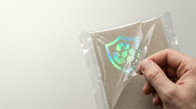 Person peeling transparent wrapper from plain material sample for greenwashing detection visualized in simple action