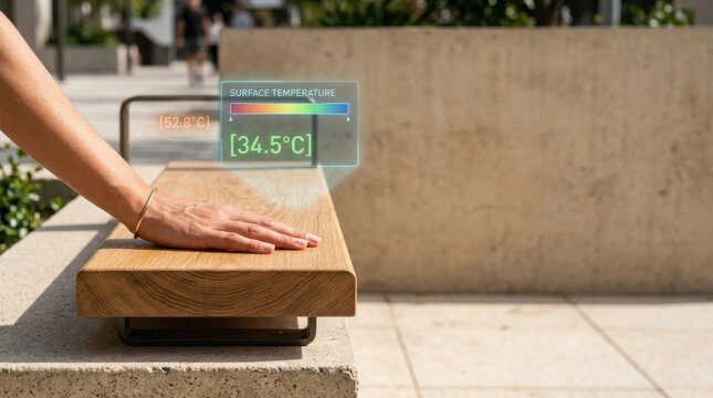 Person's hand touching a clock on a smooth sustainably sourced wooden bench slat reflecting climate-conscious design