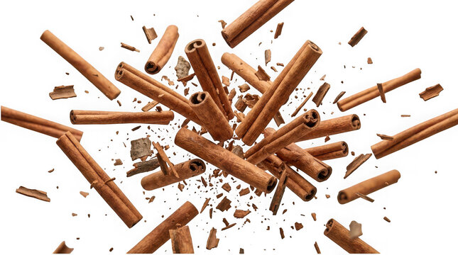 Cinnamon sticks falling and exploding in the air isolated on transparent background