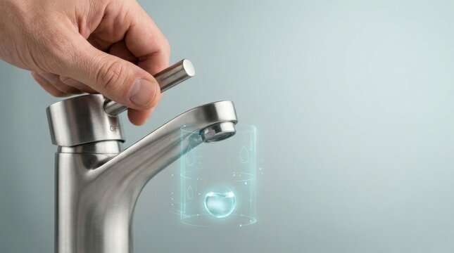 Hand turning off faucet lever to prevent unnecessary running water in a modern faucet for water conservation awareness