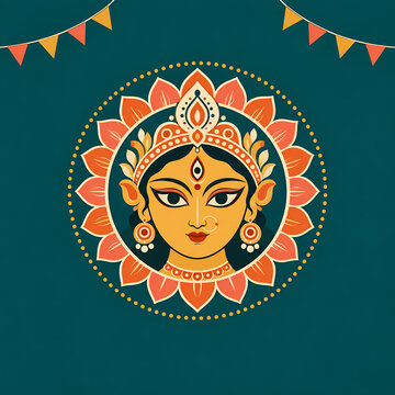 Flat folk art goddess durga face with lotus frame and festive bunting celebrating mahalaya and durga puja traditional cultural illustration design artwork