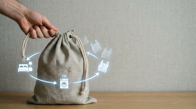Low-waste hotel laundry service illustrated by durable drawstring guest laundry bag with hand tightening cord
