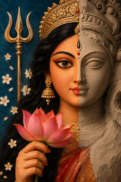 Artistic goddess durga half finished clay idol portrait with lotus and trident representing durga puja mahalaya traditional bengali craftsmanship festival art design