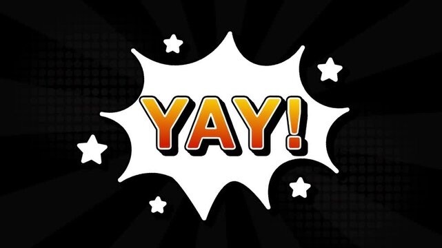 YAY text word lettering popup comic cartoon reveal with bomb and smoke explosion manga anime book page dots with radial speed lines doodle black background with seamless loop animation retro