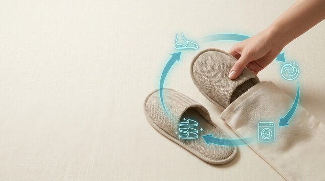 Person placing durable washable fabric slippers into laundry for circular hotel amenities management and care