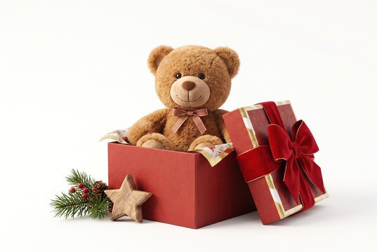 A teddy bear sits inside a red gift box. There are pine decorations and a star nearby. The scene has a Christmas theme and is isolated on a white background