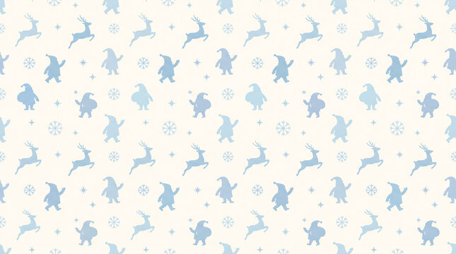 Seamless Christmas pattern with blue gnomes and grey reindeer.