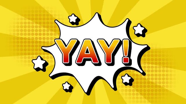 YAY text word lettering popup comic cartoon reveal with bomb and smoke explosion manga anime book page dots with radial speed lines doodle yellow background with seamless loop animation retro