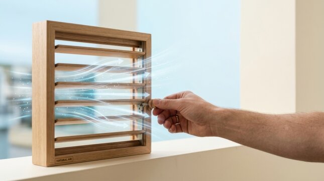 Person holding glass window demonstrating controlled natural ventilation via adjustable window louver for fresh air flow
