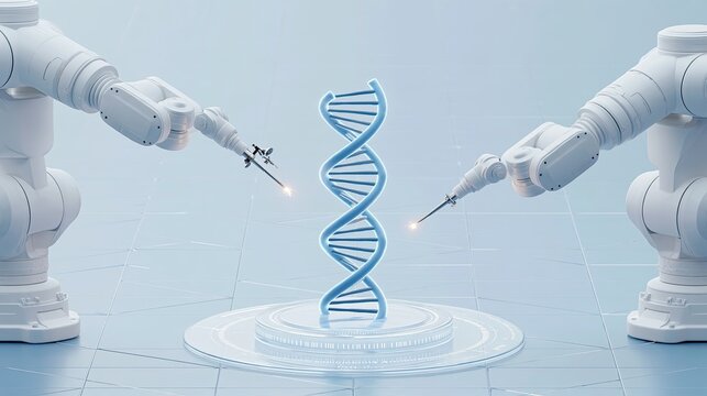 Dual robotic arms operating DNA double helix, gene editing biology laboratory, artificial intelligence biotech 3D concept