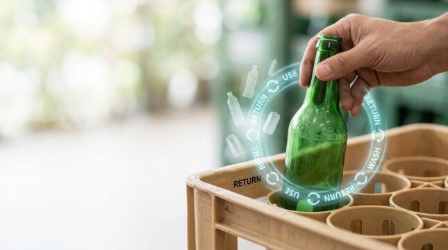 A person placing a reusable glass bottle into a molded return-crate slot to demonstrate returnable beverage packaging practices
