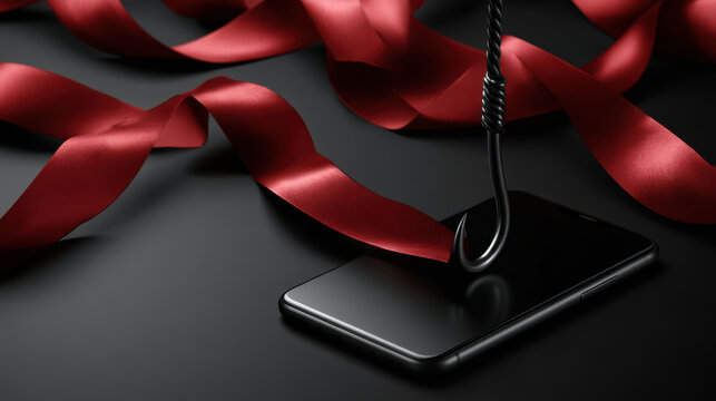 Christmas phishing scam concept with black smartphone, red ribbon and fishhook symbolizing deceptive holiday offers and cyber fraud
