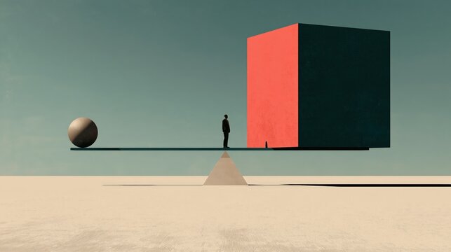 Minimal flat vector illustration of a very small ball outweighing a large coral cube on a seesaw balance, with a bold simple composition