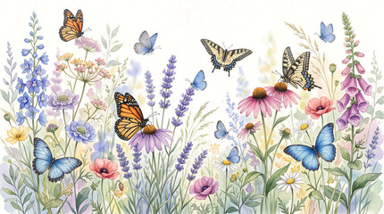 Obraz premium Watercolor illustration of colorful butterflies in a blooming meadow.