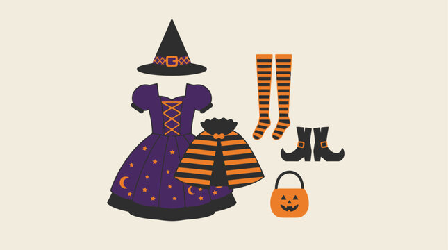 Halloween witch costume flat vector illustration set including purple dress pointed hat striped socks boots striped cape and pumpkin bucket