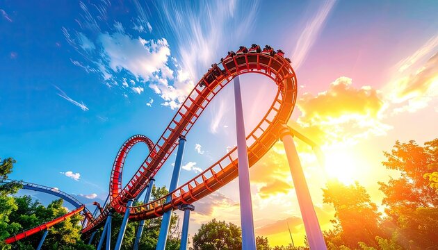 A vibrant roller coaster track twists and turns against a dramatic sunset sky.
