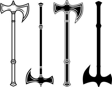 Set of medieval battle axes and halberds weapon silhouettes