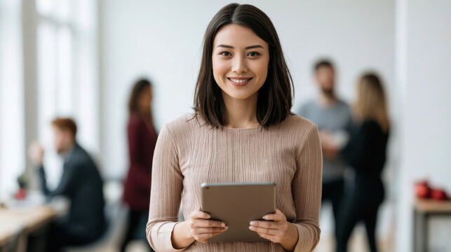 Smiling asian professional woman holding a tablet while standing in a bright modern office with colleagues in the background