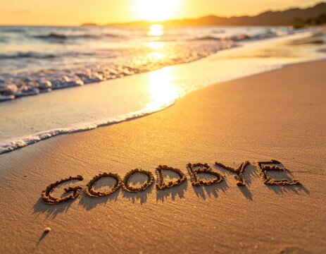 Goodbye message written in sand on a beach at sunset.