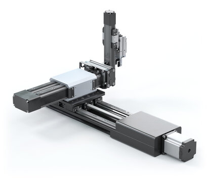 Linear actuator system with pneumatic gripper for 3D robot, featuring stepper motors for precise industrial automation positioning, isolated on white background. 3d render