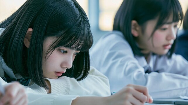 教室で集中して授業や試験対策に取り組む女子高校生たちの学習風景素材