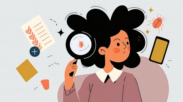 Flat vector editorial illustration of a software tester inspecting a bug with a magnifying glass and checklist, with plenty of empty space for text