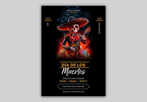 Editable Day of the Dead (Dia de los Muertos) Party Flyer with Mexican Skeleton Playing Guitar.