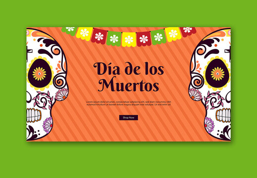 Editable Day of the Dead (Dia de los Muertos) Celebration Banner Template with Colorful Sugar Skulls.