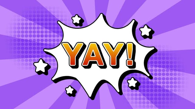 YAY text word lettering popup comic cartoon reveal with bomb and smoke explosion manga anime book page dots with radial speed lines doodle lavender background with seamless loop animation retro