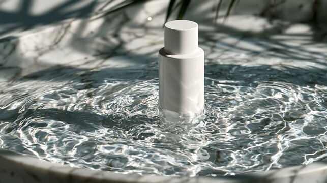 デパコス美容液LPに最適な波紋広がる水面と白いボトルのシネマティック物撮り素材 コピースペース付き