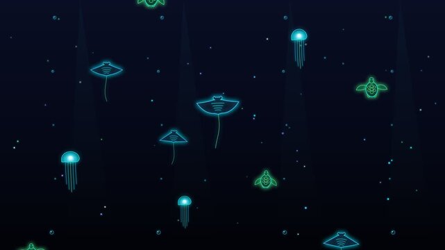 Bioluminescent ocean glowing jellyfish turtle and manta ray background seamless loop 4K