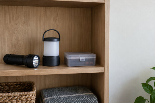 Flashlight and portable lantern stored in a household cubby