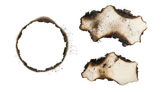 Burnt paper edges and circular scorched hole isolated on transparent background
