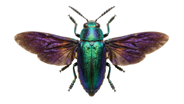 Iridescent metallic green and purple jewel beetle with spread wings, isolated on transparent background