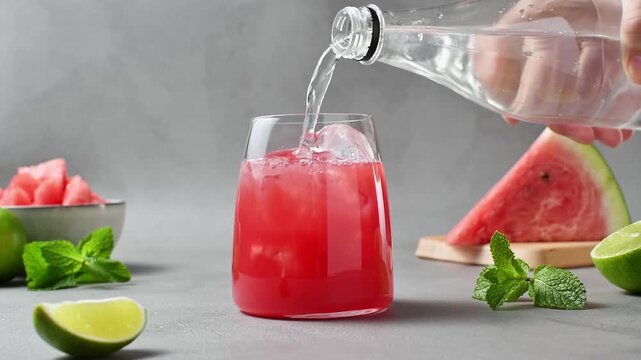 Clear liquid is poured into watermelon cocktail with ice to complete a refreshing summer drink.