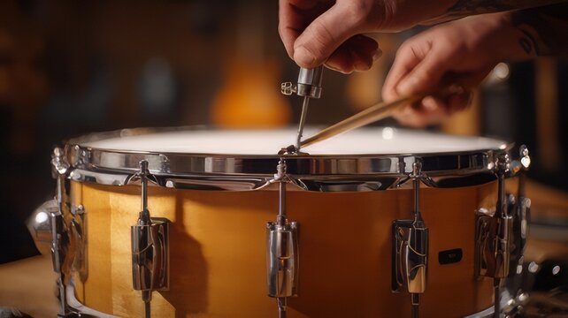 Pair of hands using drumsticks to play a natural woodfinish acoustic snare drum with chrome hardware